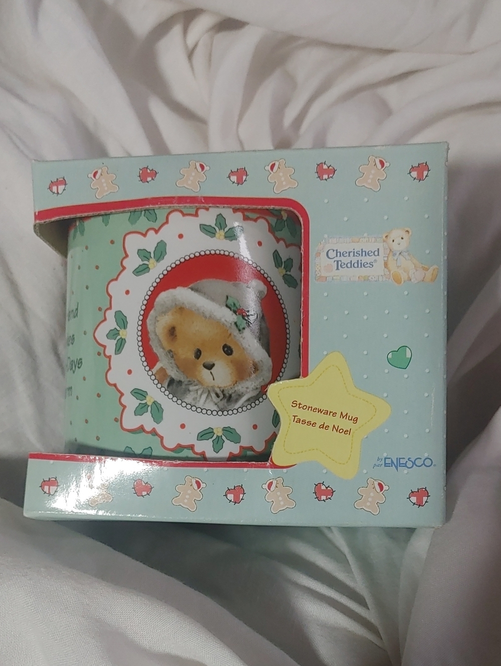 Cherished Teddies Green and Red Stoneware Holiday Mug